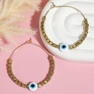 “Sky Blue Evil Eye” Devil’s Eye Nazar Protection Talisman Cube Square Bead Hoops